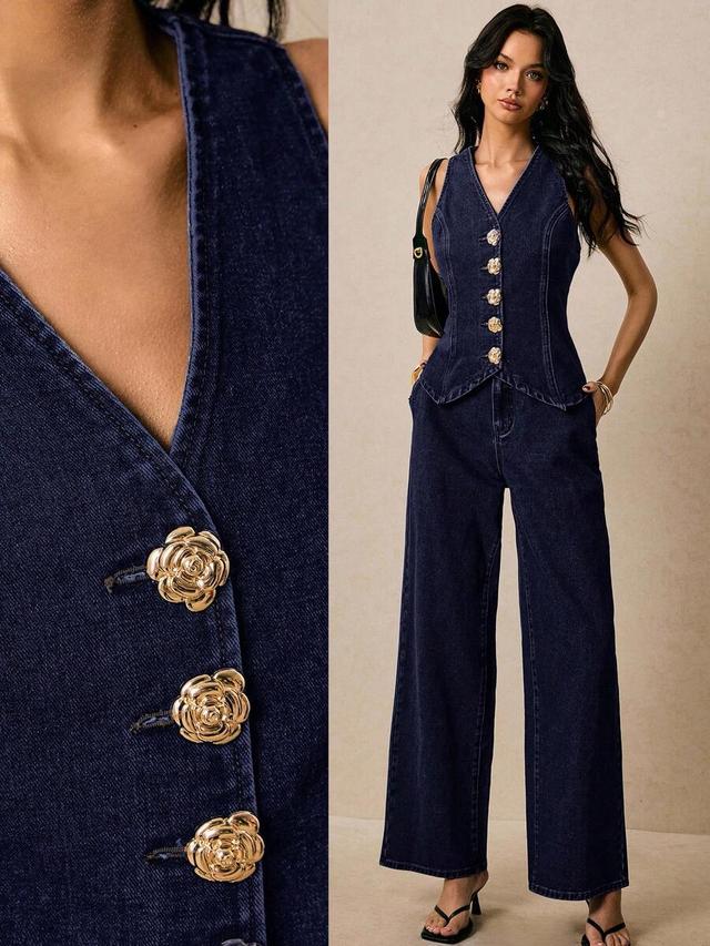 dark wash denim vest with matching wide-leg trousers
