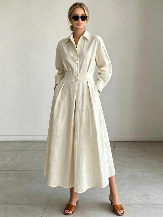 minimalist cream linen fitted waist shirt dress