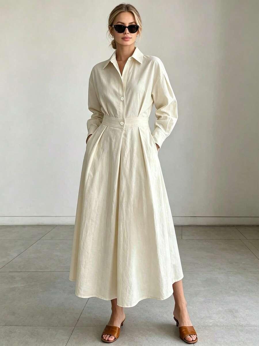 minimalist cream linen fitted waist shirt dress