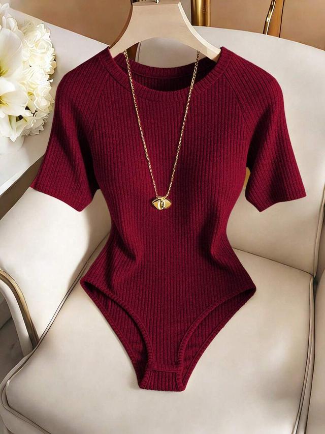 franclia elegant burgundy ribbed short sleeve bodysuit