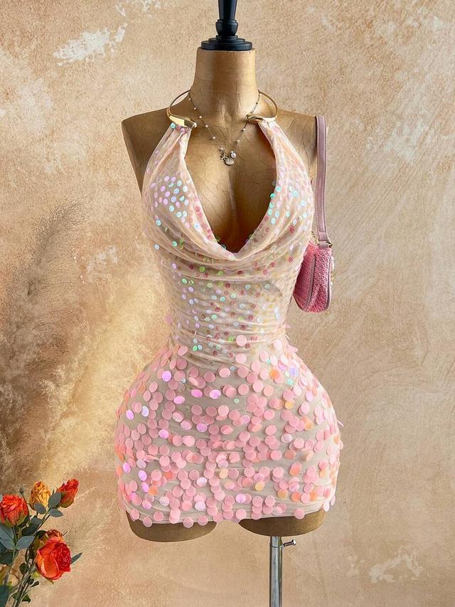 beige sequin draped neck backless mini dress
