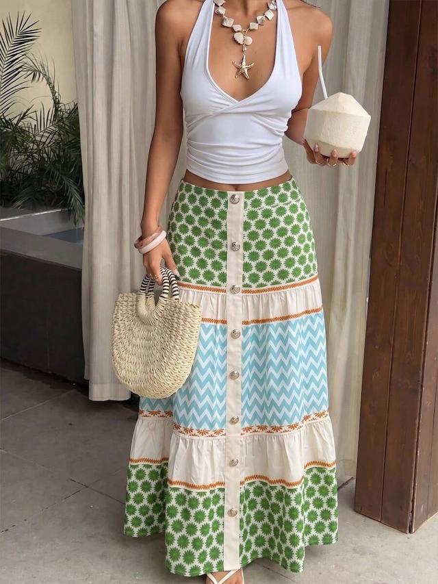 vintage geometric print button front tiered flare skirt