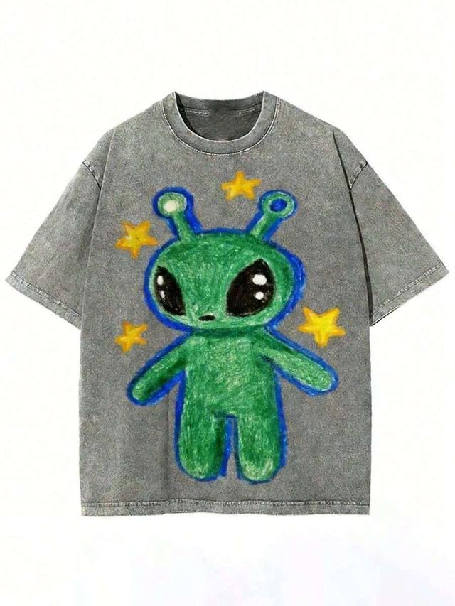 washed grey alien print cotton t-shirt