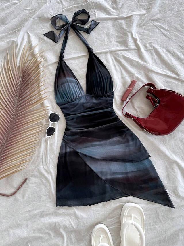 ombre halter v-neck mesh ruched asymmetric mini dress