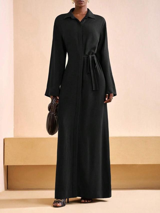 minimalist black long sleeve tie-waist shirt dress