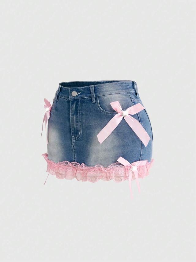 denim mini skirt with pink lace and ribbon bows