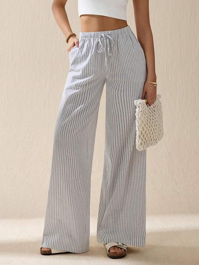 casual striped drawstring waist wide leg pants