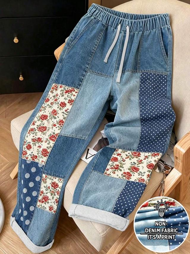 polka dot floral print patchwork denim effect wide leg trousers