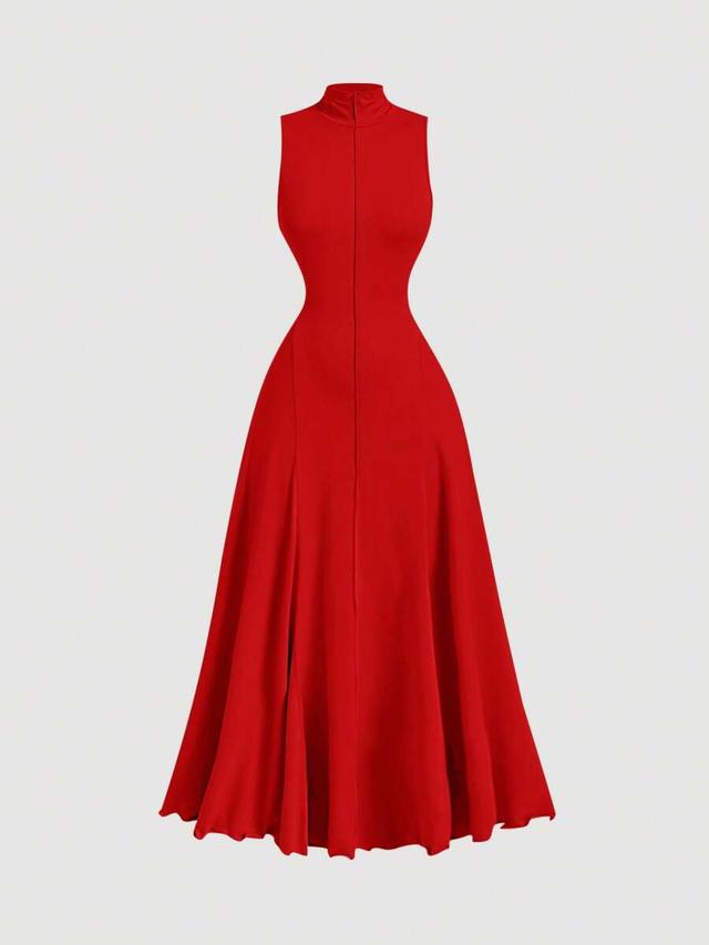 solid red sleeveless stand collar midi dress
