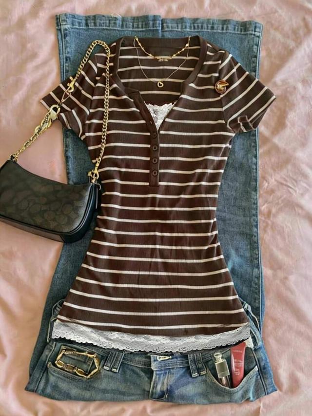 brown and white striped fitted button front t-shirt