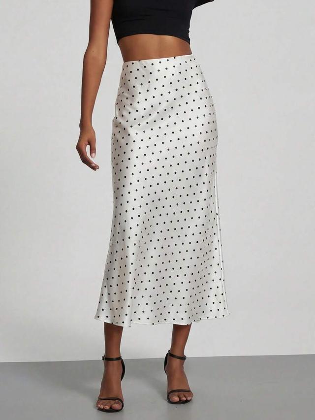 white polka dot satin midi skirt