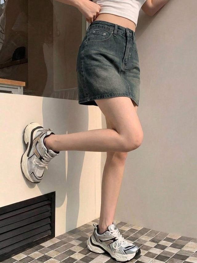 high waisted washed denim mini skirt