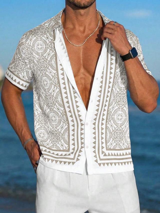 men's mediterranean tile print khaki vacation shirt