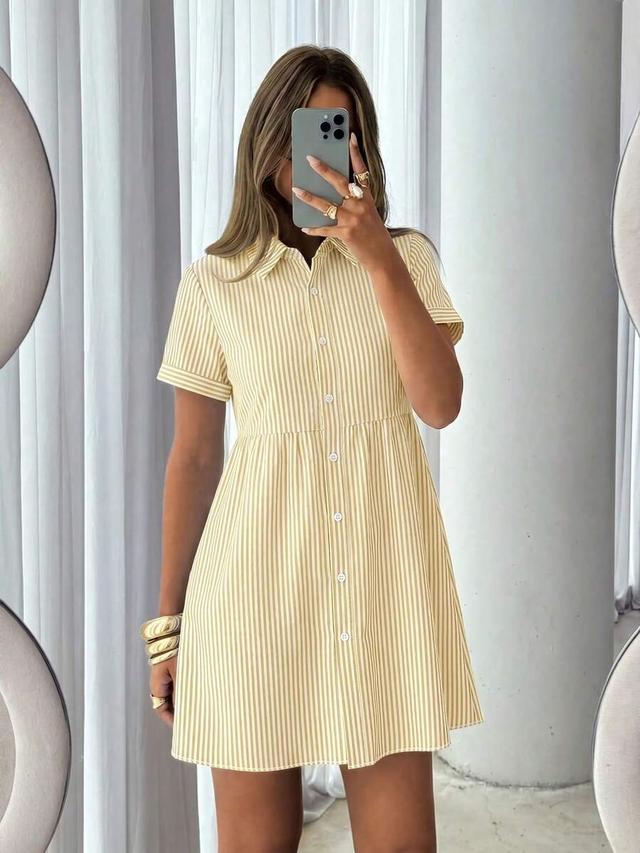 yellow and white striped cotton shirt dress