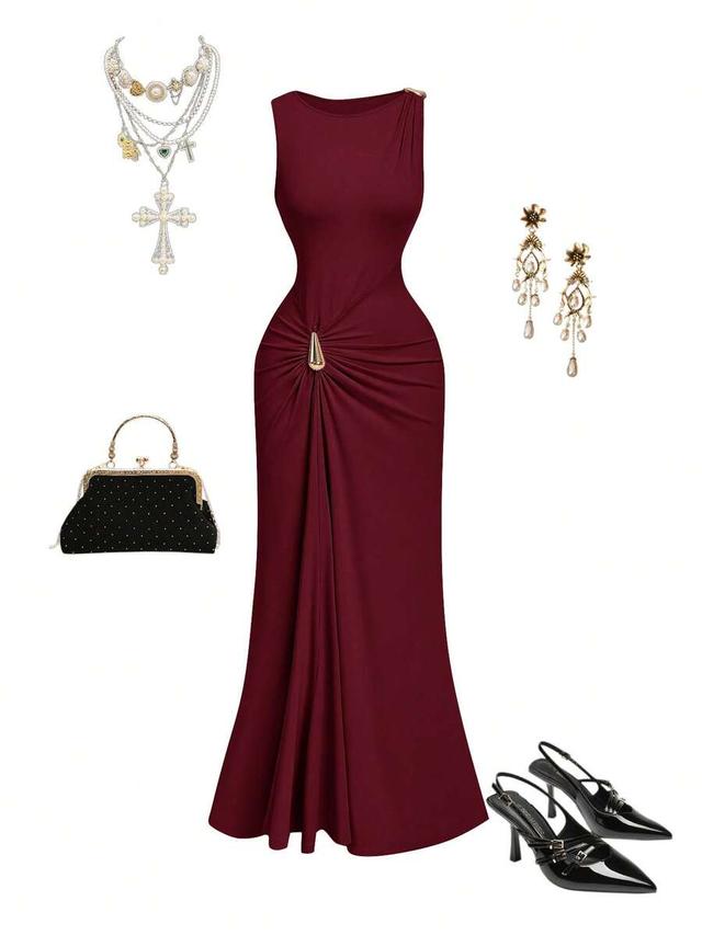 apricot metal buckle pleated asymmetric fitted dress