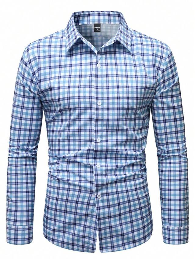 blue and white plaid long sleeve formal shirt