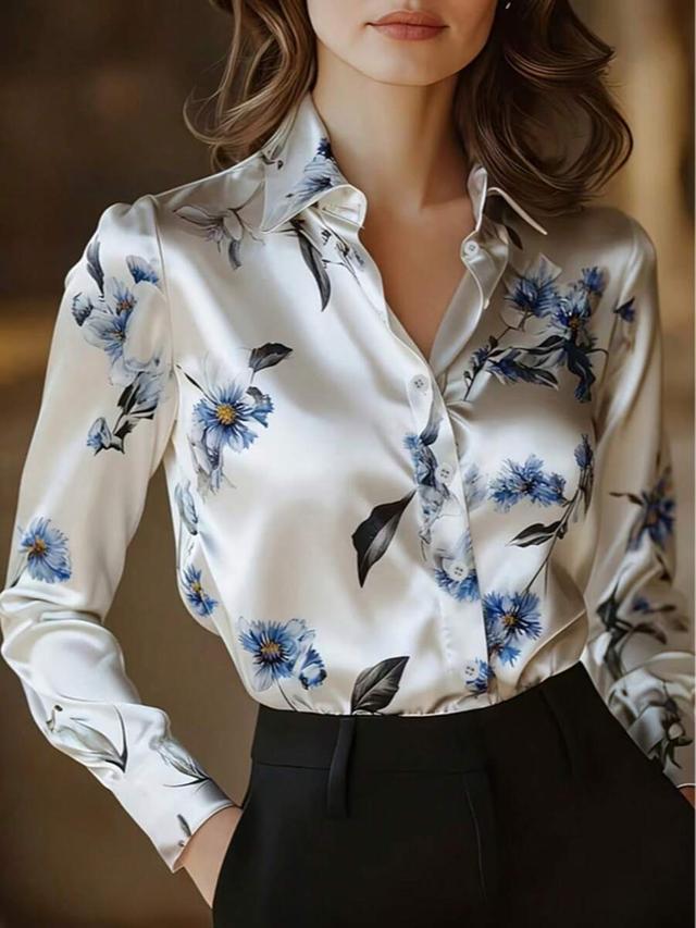 floral print satin button down long sleeve shirt