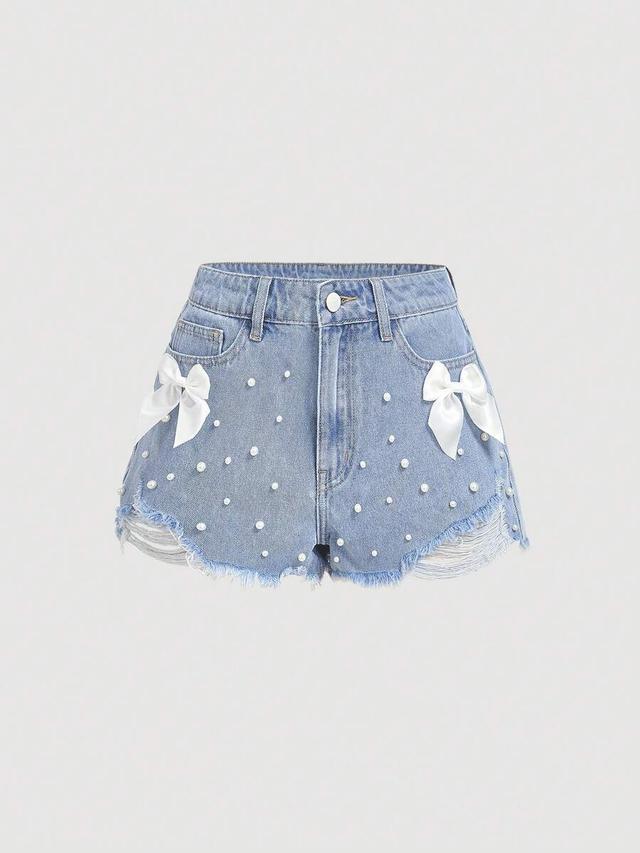 light wash denim shorts with pearl and bow detail