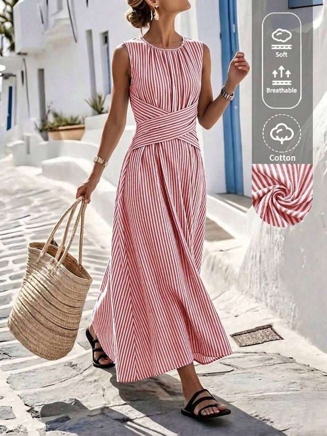 red and white striped sleeveless midi dress