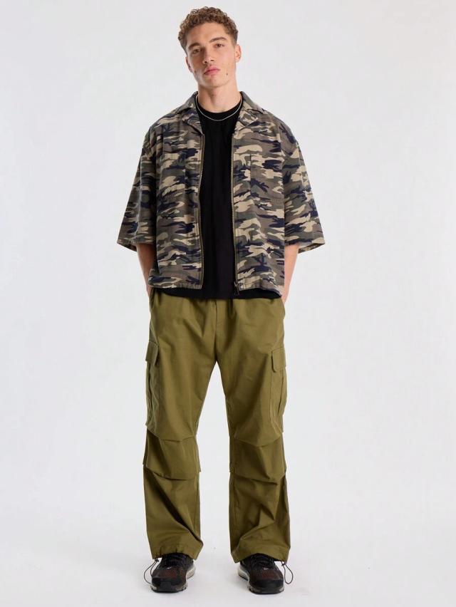 musero zip up oversized camo short sleeve shirt