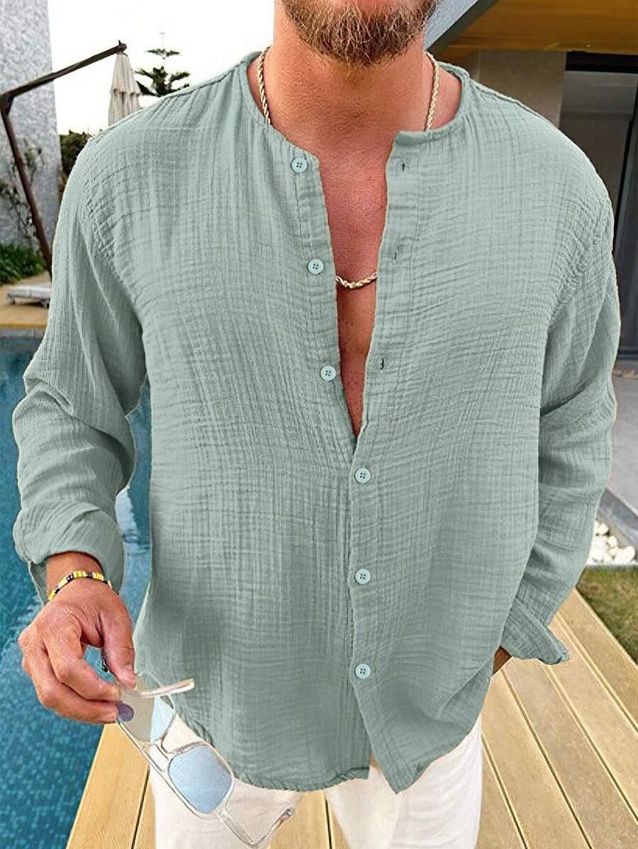 genlund men solid button up long sleeve shirt