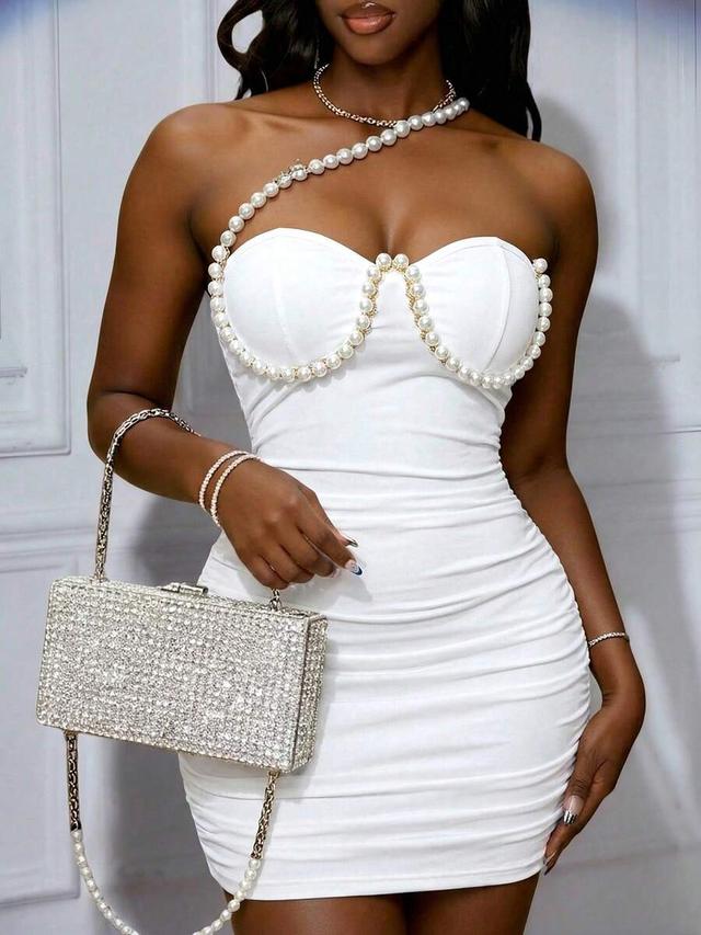 white pearl chain one shoulder sweetheart bodycon mini dress