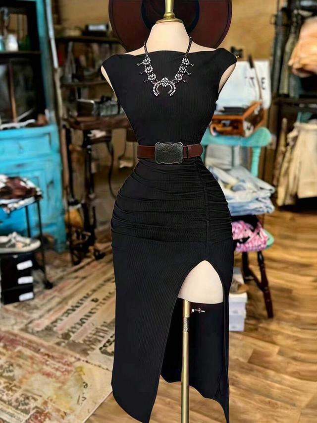 black ribbed midi dress with side slit