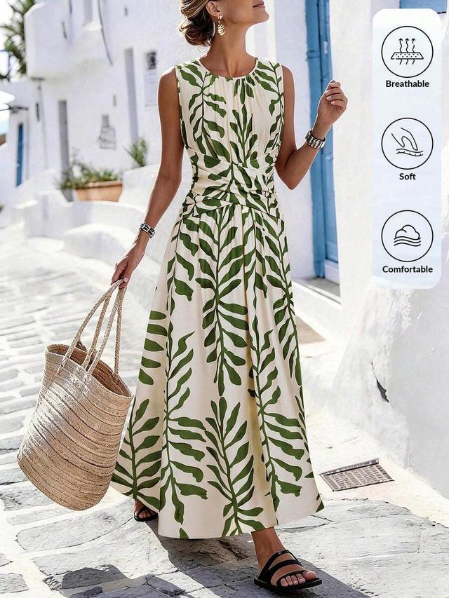 beige tropical leaf print sleeveless boho midi dress