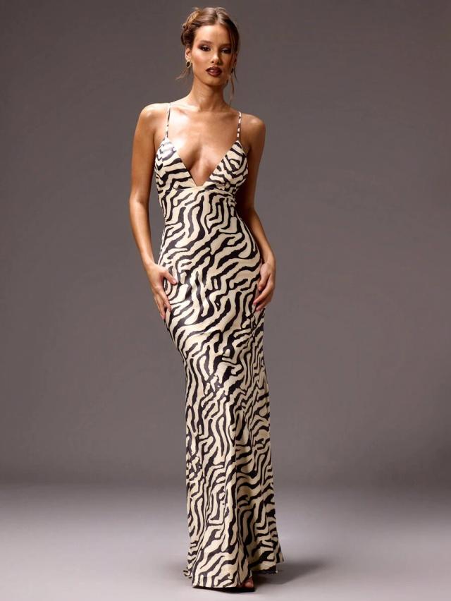 zebra print satin slip maxi dress