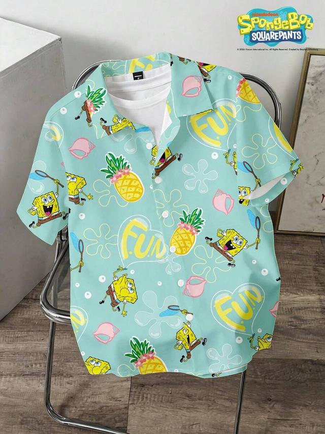 spongebob squarepants pineapple print short sleeve casual shirt