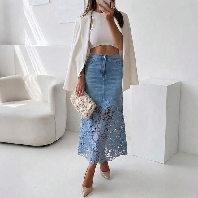 guipure lace spliced high waisted denim midi skirt