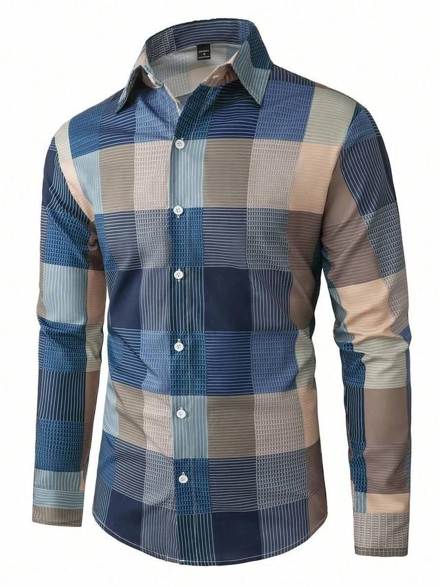 navy blue plaid geometric patchwork long sleeve shirt