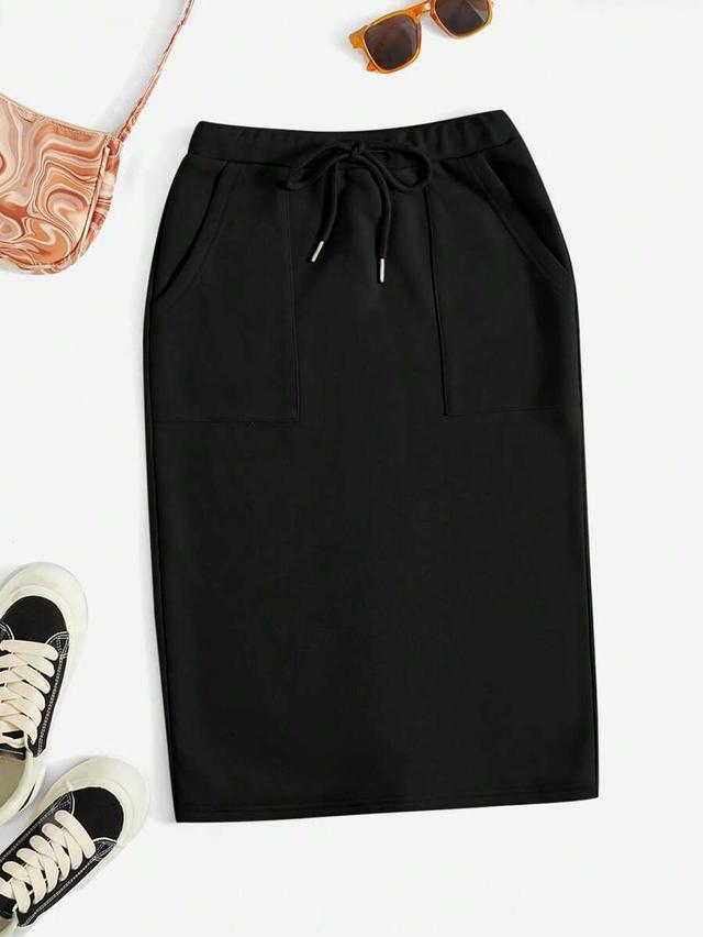 black drawstring waist slant pocket split back skirt