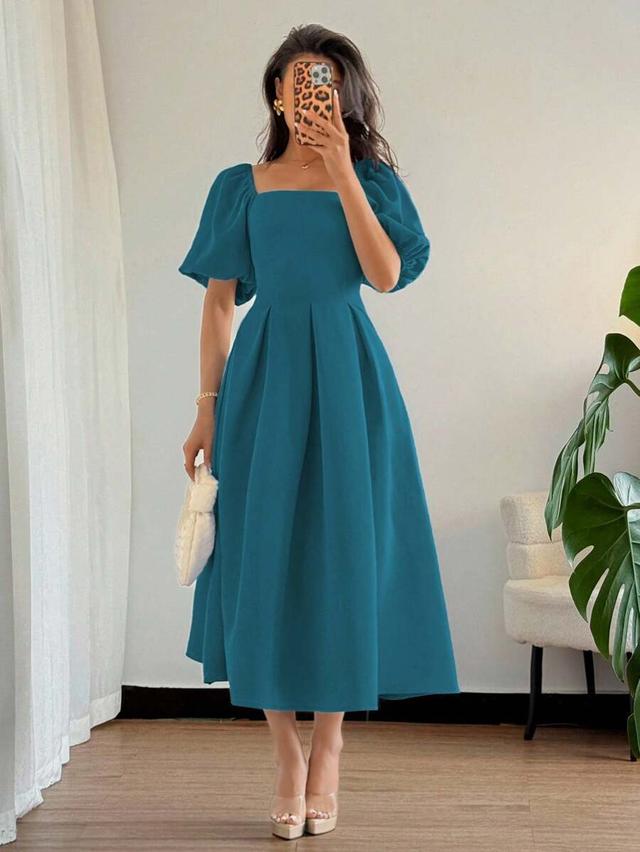 teal blue square neck balloon sleeve a-line dress