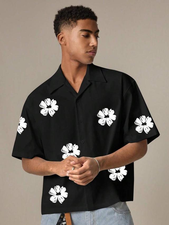 black floral print short sleeve casual shirt