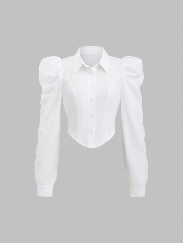 white gigot sleeve fitted casual button down shirt