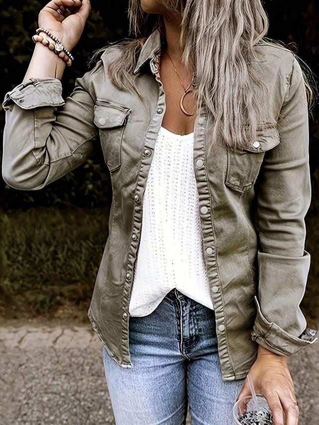 olive green long sleeved workwear denim shirt
