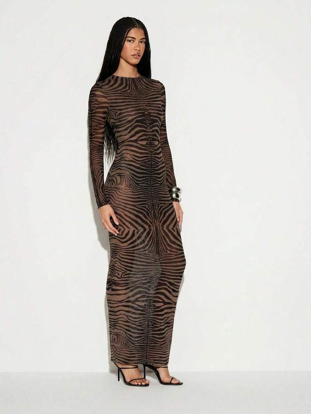 long sleeve zebra print mesh maxi dress