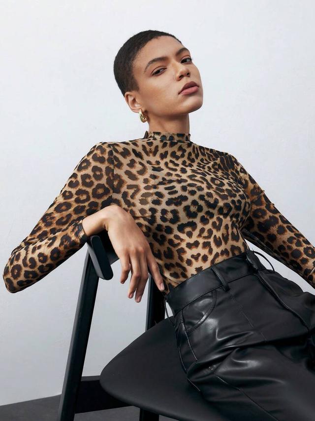 leopard print mesh mock neck long sleeve top