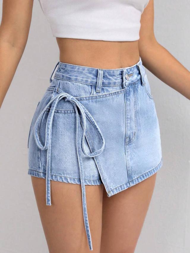 light wash denim wrap drawstring shorts