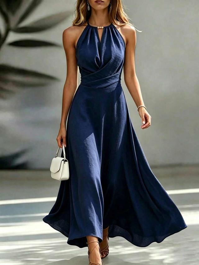 casual blue pleated sleeveless spaghetti strap dress