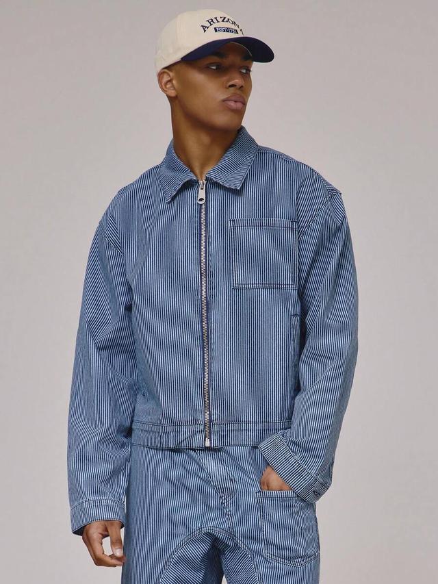 musero cropped boxy pinstripe denim zip jacket