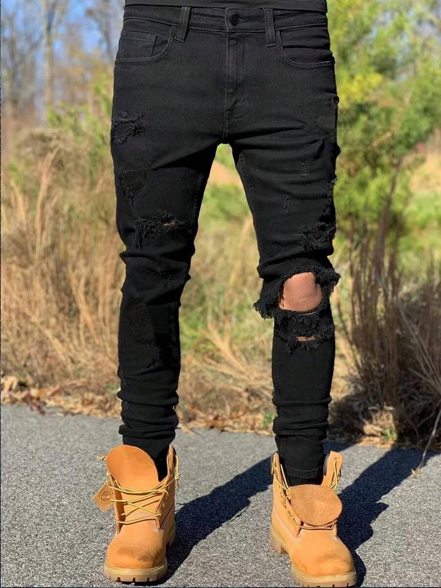 men's black ripped tight fit denim jeans
