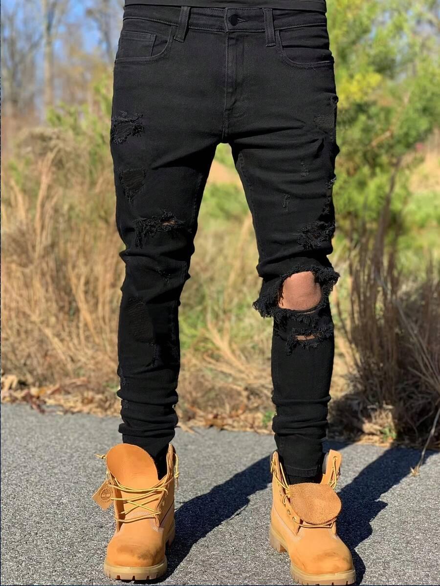 men's black ripped tight fit denim jeans