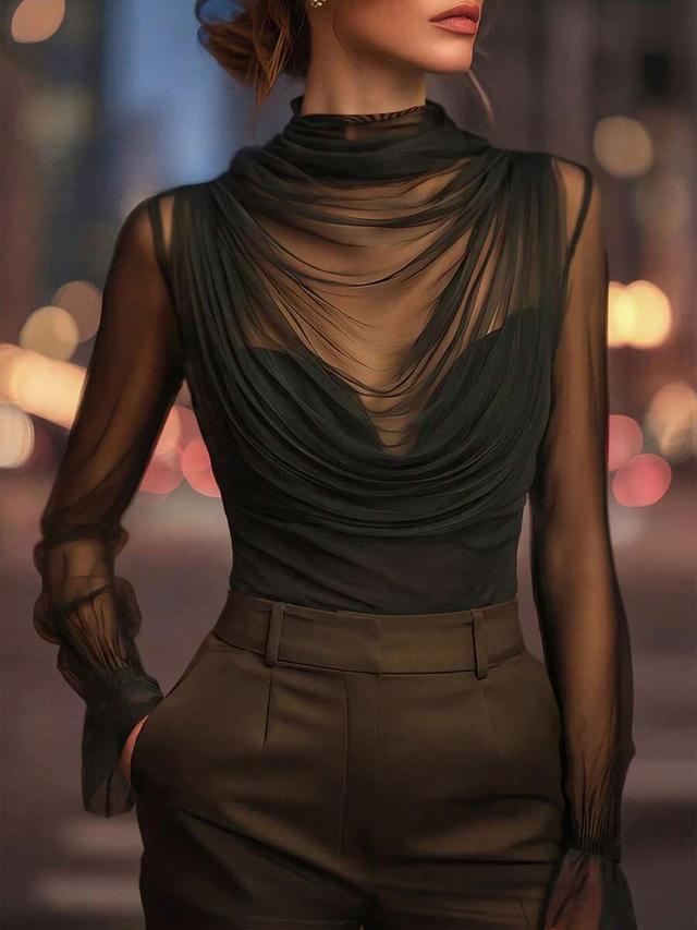 women's sheer black mesh draped high neck top