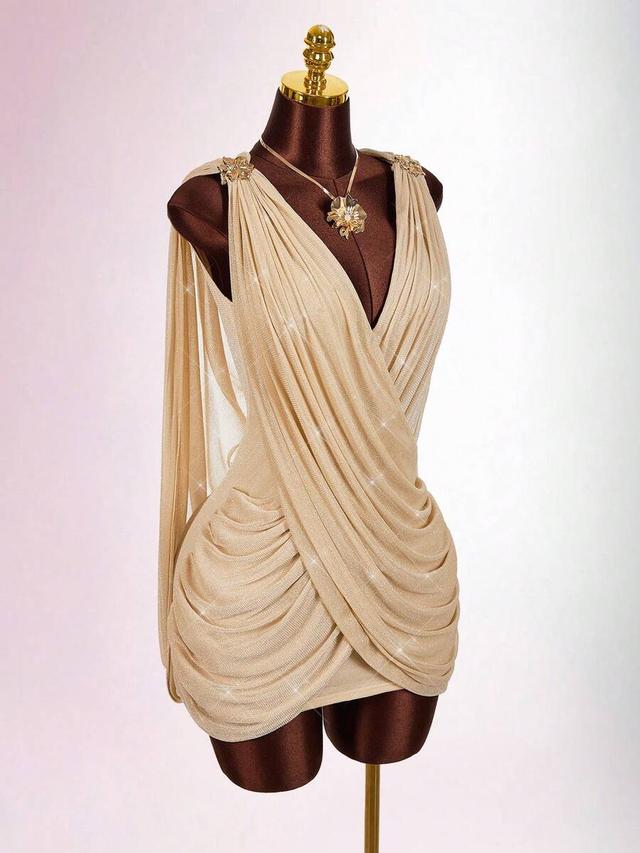 gold metallic draped wrap mini dress
