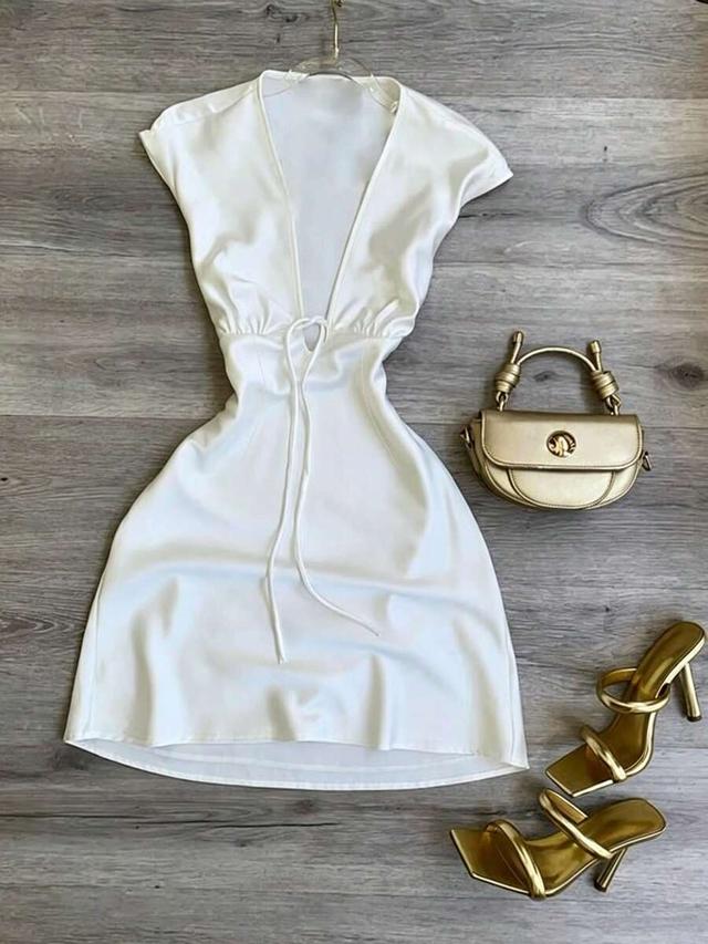 white satin mini dress with drawstring waist