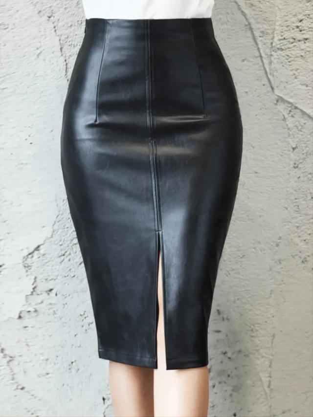 women's solid black pu leather high waist pencil skirt