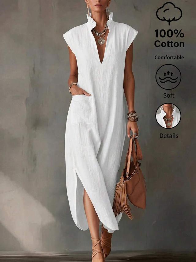 white linen blend v-neck midi dress with pockets