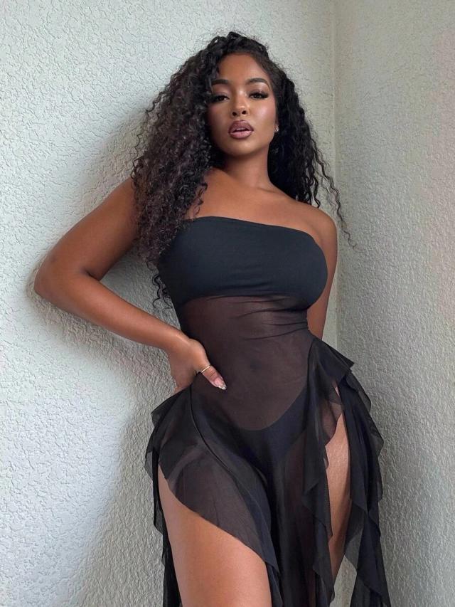 black mesh strapless asymmetric ruffle hem top